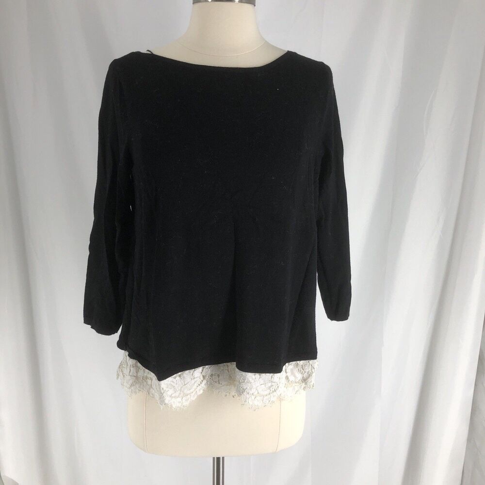 White House Black Market Women Black Sweater Lace Tie Back Lace Hem Size Medium